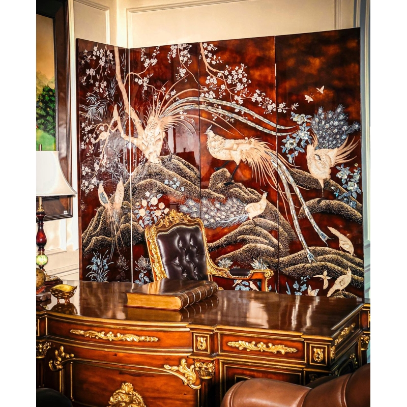 Bình phong sơn mài chim trĩ DM2