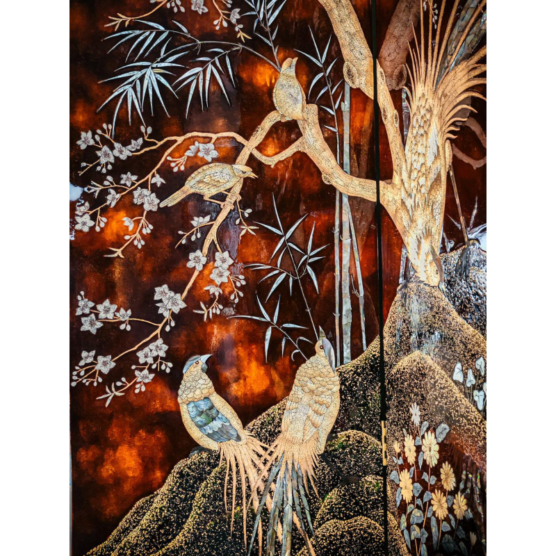 Bình phong sơn mài chim trĩ DM2